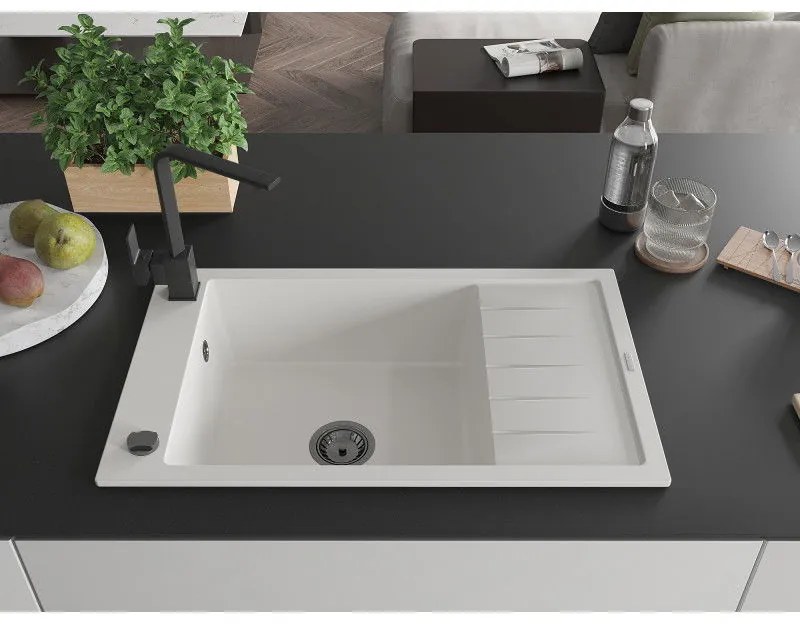 Mexen Elias, granitový drez granitový 795x480x200 mm, 1-komorový, biela s čiernym sifónom a čierna drezová batéria Rita, 6511-20-670300-70