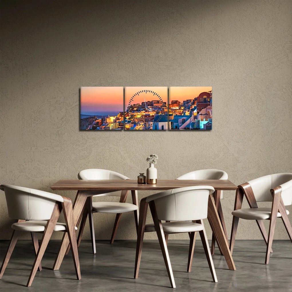 Obraz - Santorini pri zotmení (s hodinami) (90x30 cm)