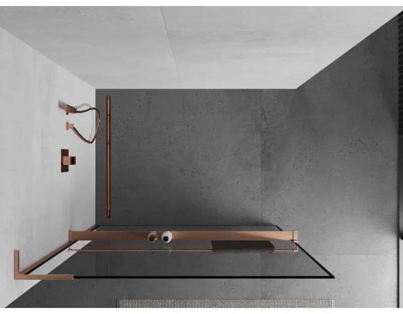 Mexen Kioto+ L, sprchová zástena Walk-In s poličkou a vešiakom 70 x 200 cm, 8mm číre sklo čierny vzor, medený matný profil, 800-070-123-65-70