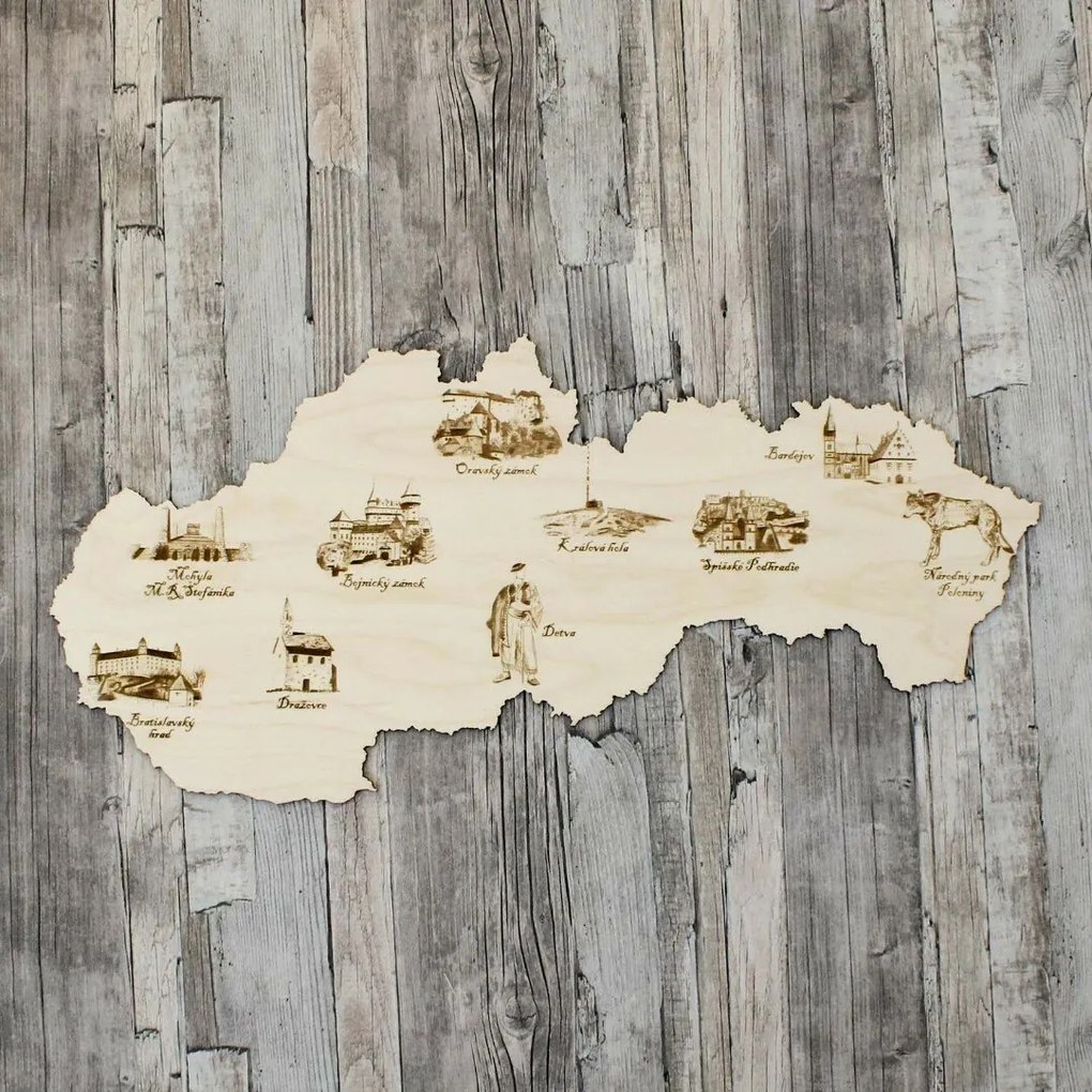 DUBLEZ | Drevená gravírovaná mapa Slovenska - Kultúrno-prírodné pamiatky