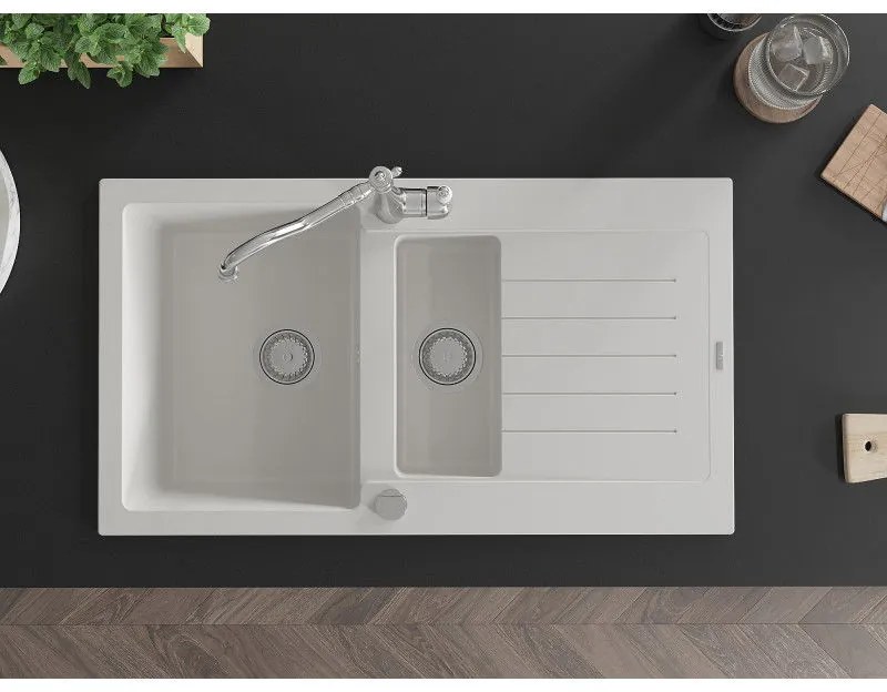 Mexen Matias, granitový drez 900x505x200 mm, 1,5-komorový a drezová batéria Carla, biela, 6502-20-670700-00