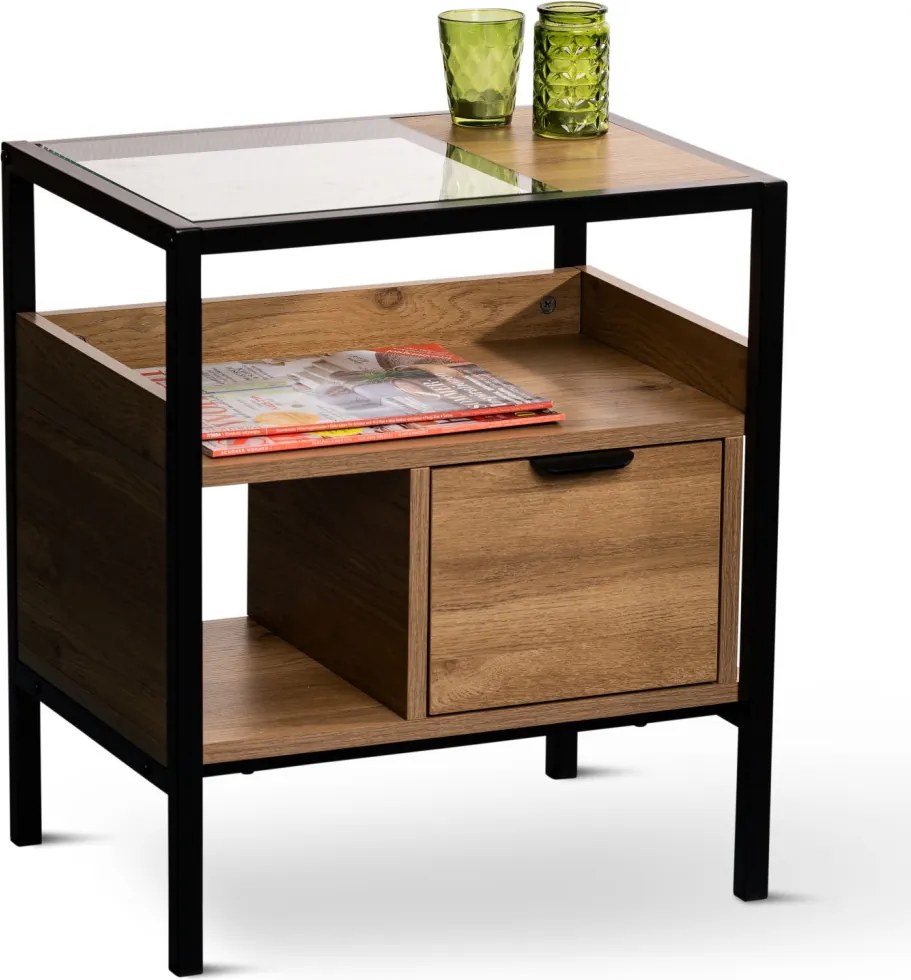 Odkladací/nočný stolík so zásuvkou Mandurah, kov/dub