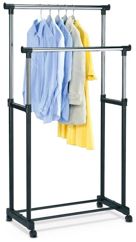 Stojan na šaty dvojramenný s odkladačem, černá barva, kov / plast, chrom