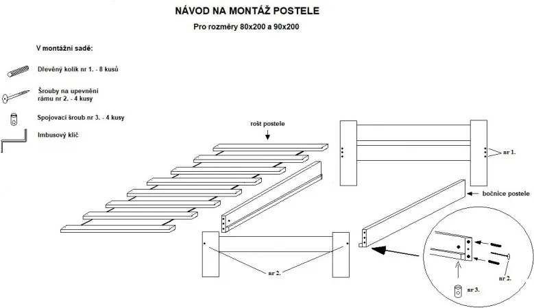 Eureka posteľ  „HERA”  z prírodného dreva vrátane roštu svetlý lak 90 x 200