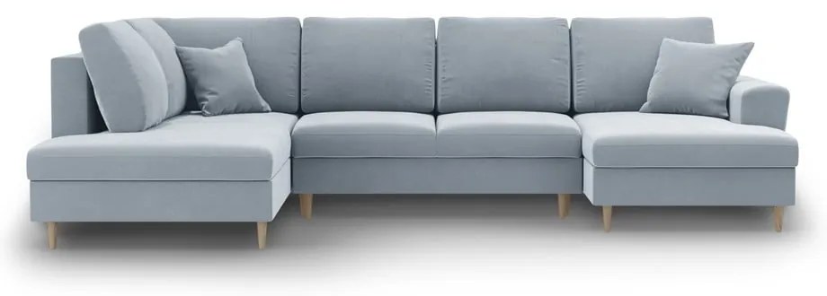 Svetlomodrá zamatová rozkladacia/s úložným priestorom rohová pohovka (ľavý roh/do "U") Kyoto – Cosmopolitan Design