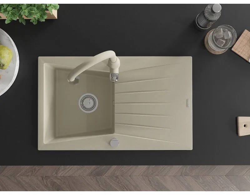 Mexen Cesar, 1-komorový granitový drez 775x470x190 mm a drezová batéria Savita, béžová, 6514-69-672601-69