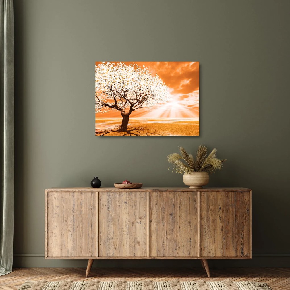 Oranžový sklenený obraz stromu (70x50 cm)