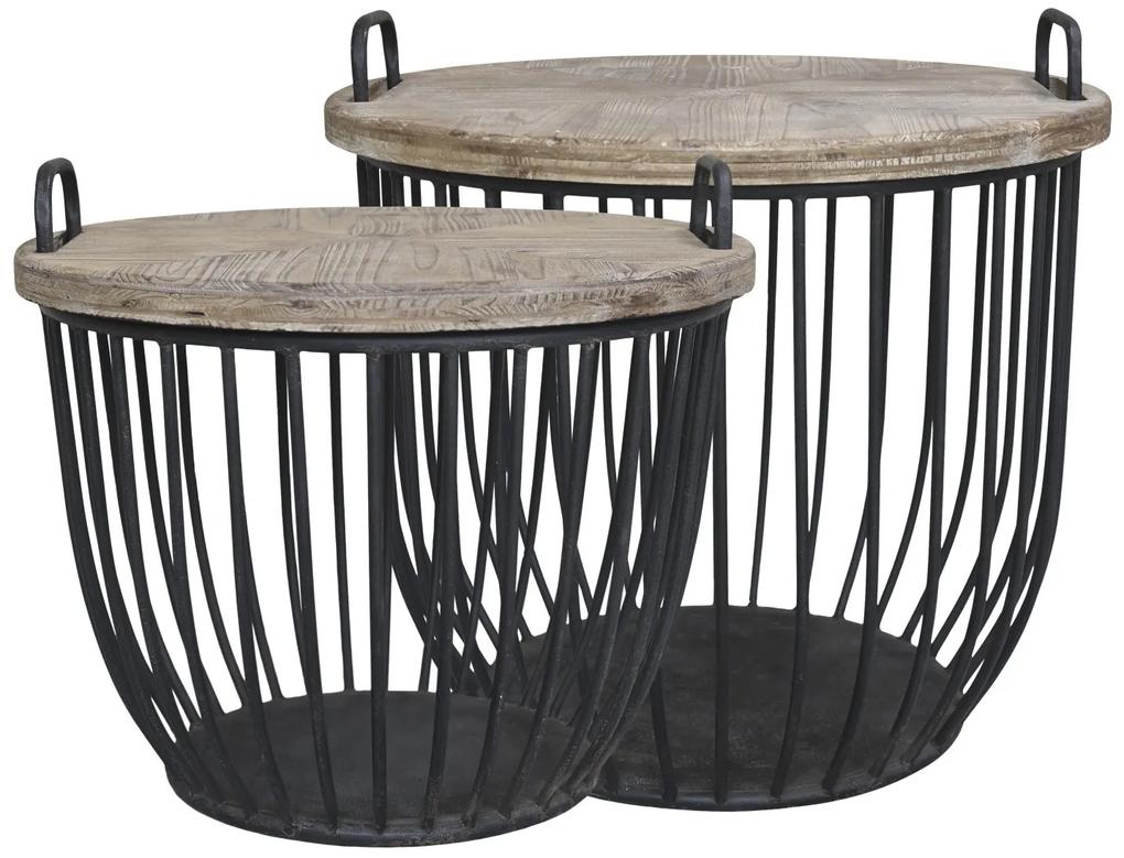 2ks čierny antik kovový coffee stolík s drevenou doskou Charlotte - Ø57*48 cm