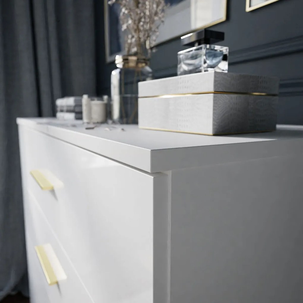 KOMODA MARION LED BIELA ZLATÉ ÚCHYTKY VYSOKÝ LESK