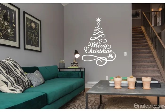 Vianočná nálepka na stenu / okno - Merry Christmas stromček Farba: azúrovo modrá 052