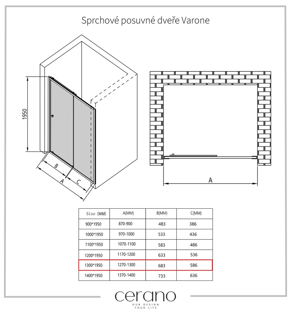 Cerano Varone, sprchovací kút s posuvnými dverami 130(dvere) x 90 (stena) x 195 cm, 6mm číre sklo, čierny profil, CER-CER-DY505B-13090