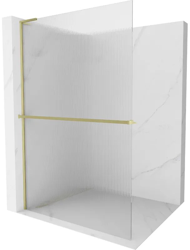 Mexen Kioto+ L, sprchová zástena Walk-In s poličkou a vešiakom 120 x 200 cm, 8mm sklo s rebrovým vzorom, zlatý matný profil, 800-120-123-55-09