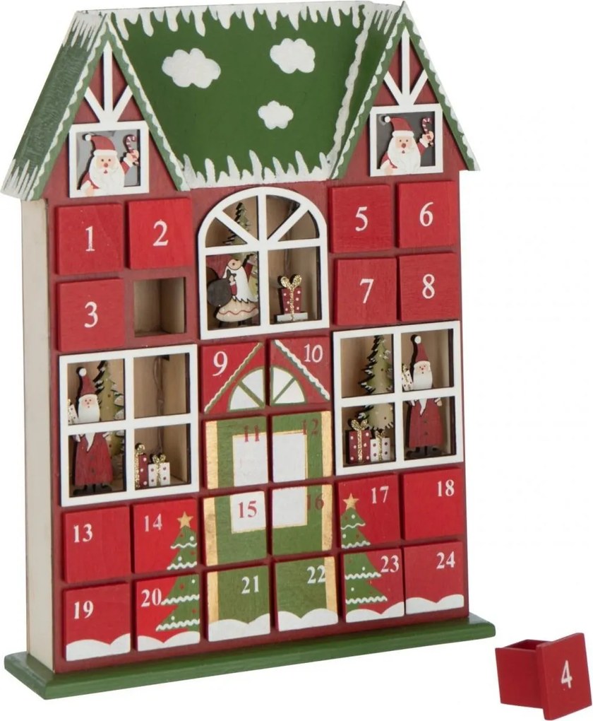 Červený drevený LED adventný kalendár House J-line - 25,5 * 6,5 * 34,5 cm