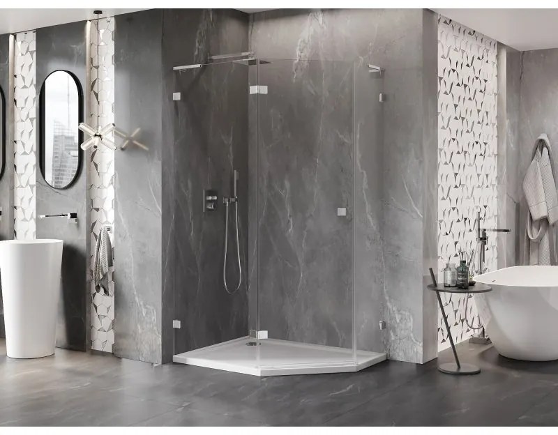 Mexen Lunar, L päťuholníkový sprchový kút naklápací doľava 90 x 80 cm, 8mm číre sklo, chrómový profil, 831L-090L-080P-01-00-L