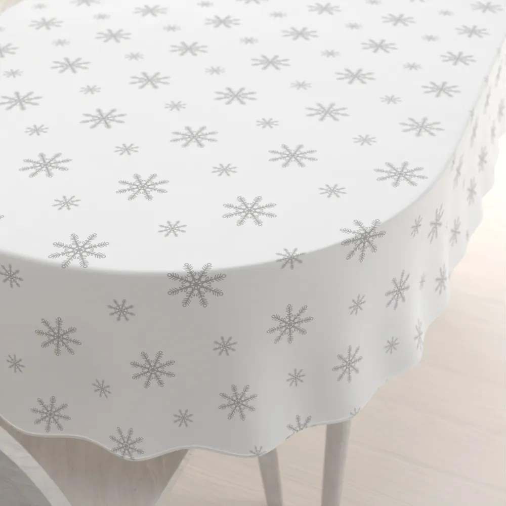 Biante Teflónový oválny obrus TF-101 Vianočné sivé vločky na bielom 140x220 cm