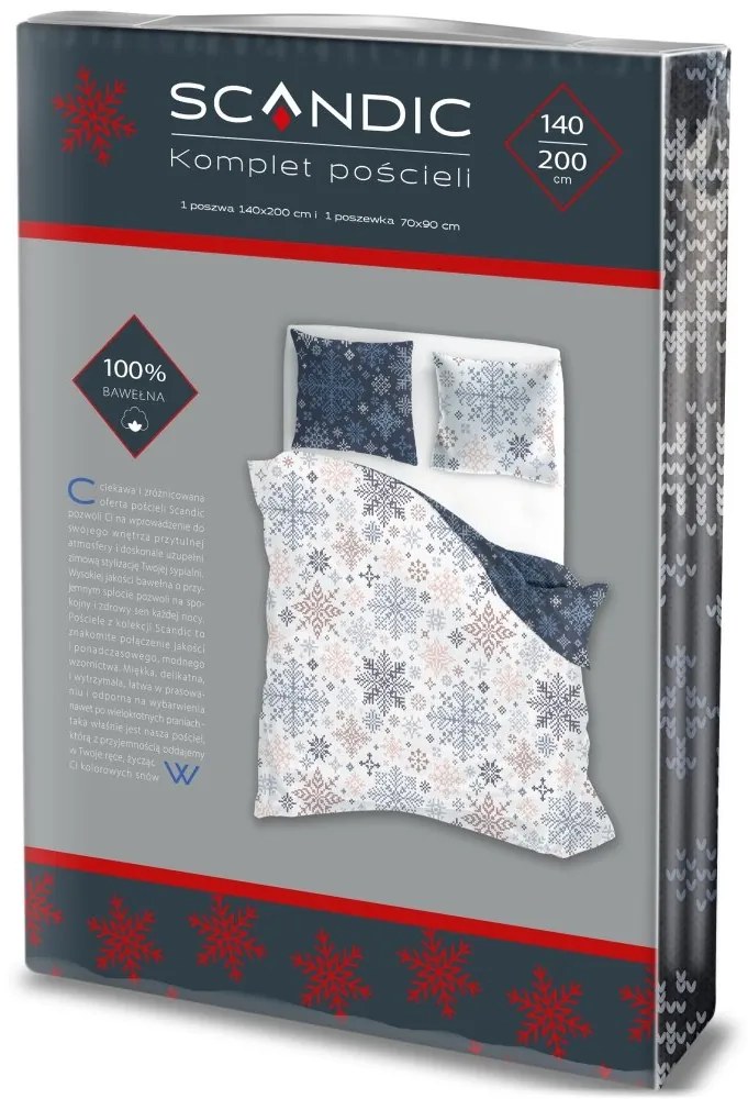 Vianočné bavlnené posteľné obliečky – motív Snehové vločky - 100% bavlna - 70 x 90 cm + 140 x 200 cm
