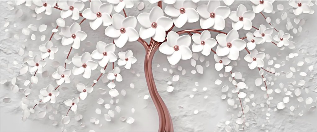 Obraz - Obraz bieleho stromu s kvetinami, rosegold (120x50 cm)