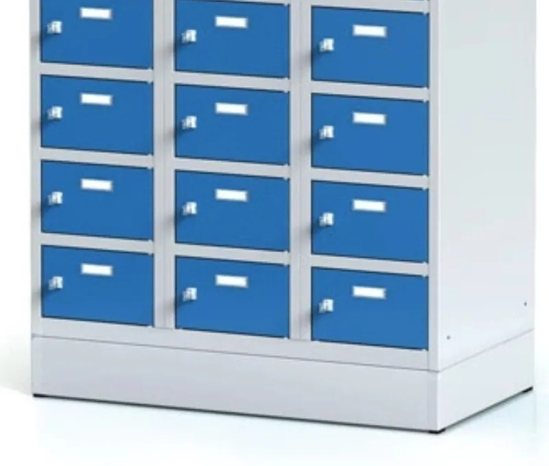 Alfa 3 Šatníková skrinka na sokli s úložnými boxami, 30 boxov, 1920 x 900 x 500 mm, otočný zámok, oranžové dvere