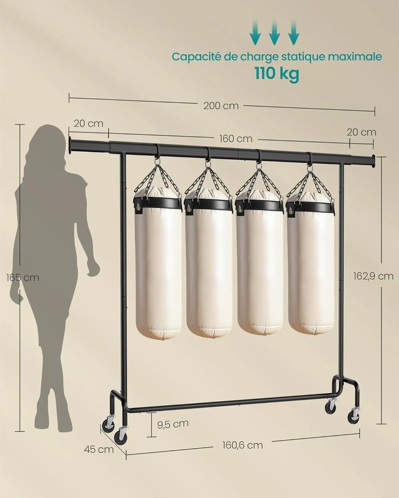 Stojan na oblečenie na kolieskach, extra dlhý, prenosný, čierny