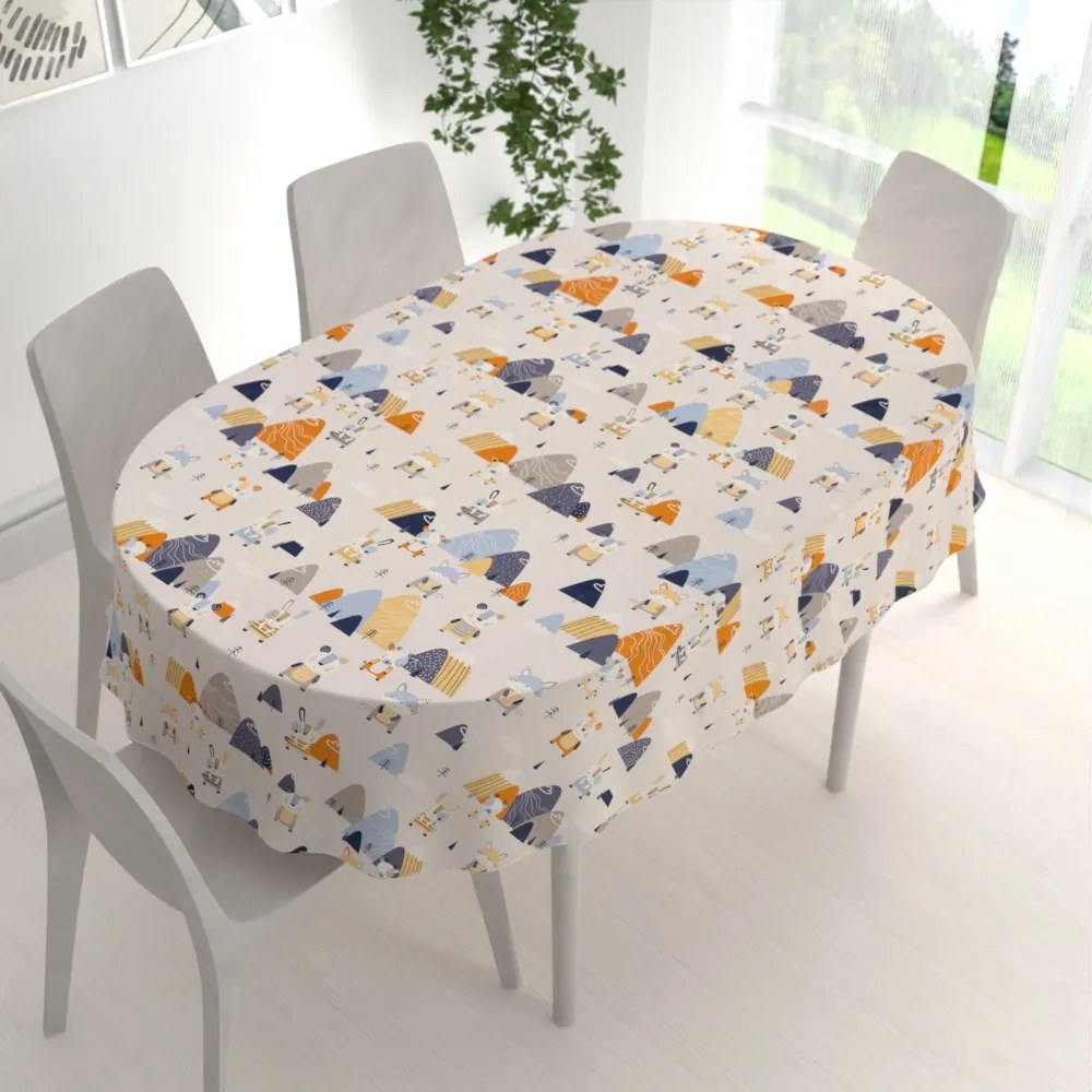 Biante Detský bavlnený oválny obrus Sandra SA-613 Modro-oranžové lesné zvieratká na bledo sivom 100x160 cm