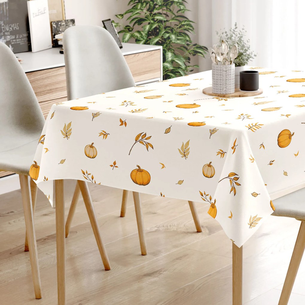 Goldea hranatý obrus 100% bavlnené plátno - jesenné tekvice a lístky 140 x 220 cm