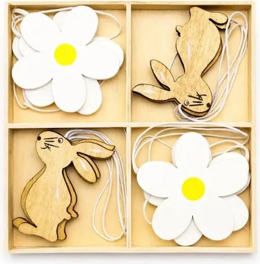 DECOLED Veľkonočná drevená dekorácia 6 cm, kvetina a zajac, balenie 12 kusov