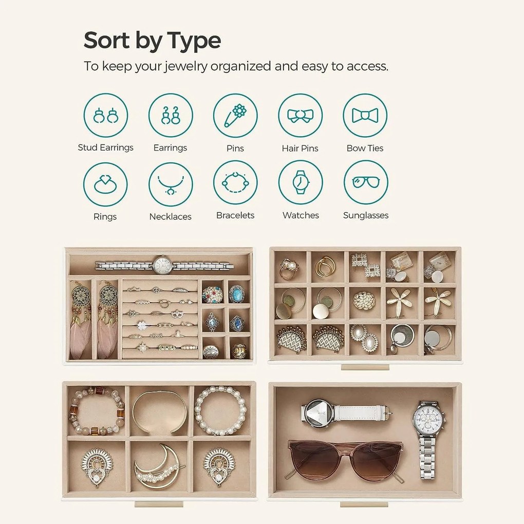 Šperkovnica 4-úrovňová, so skleneným vekom a 3 zásuvkami, biela a zlatá