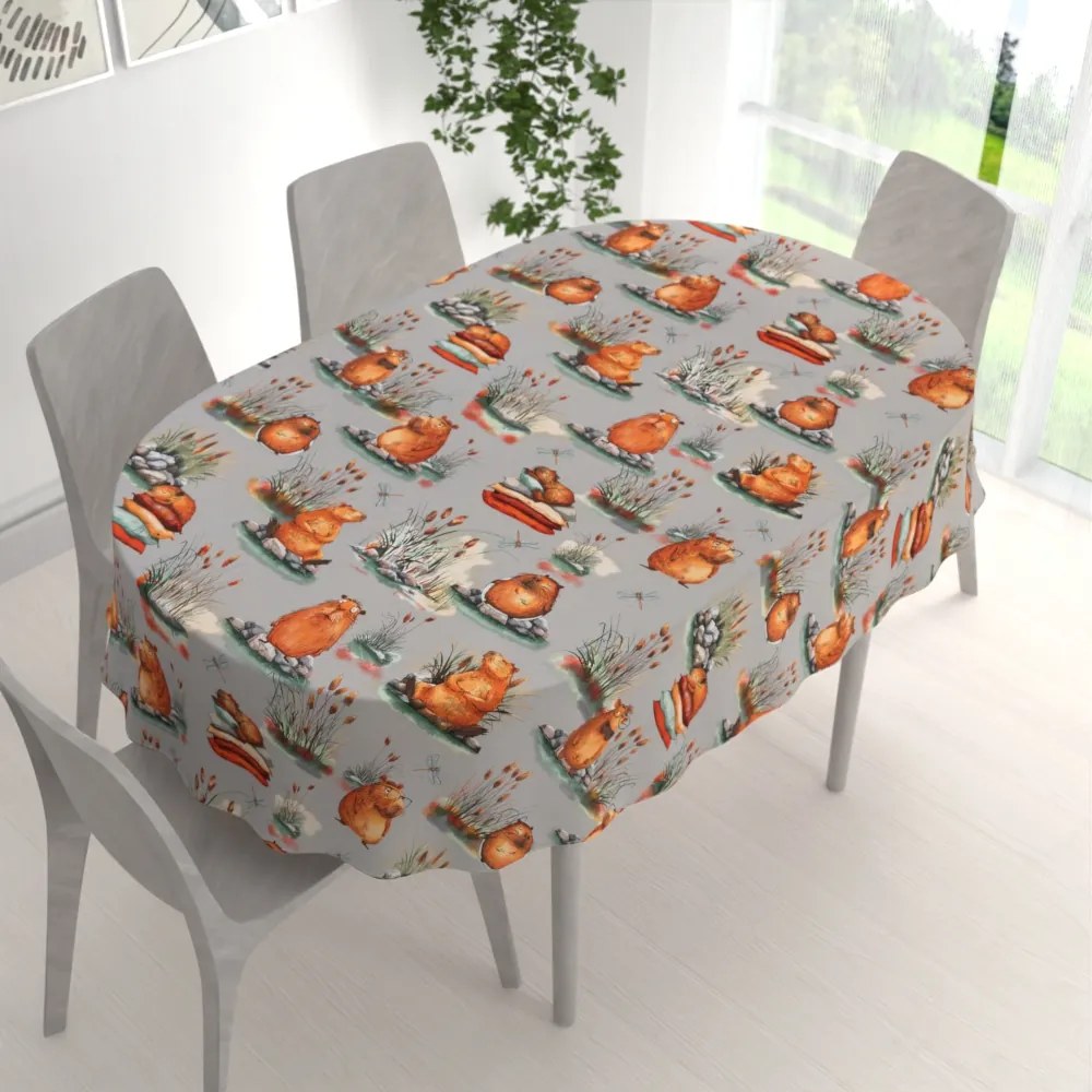 Biante Detský bavlnený oválny obrus Sandra SA-711 Kapybary na sivom 140x160 cm