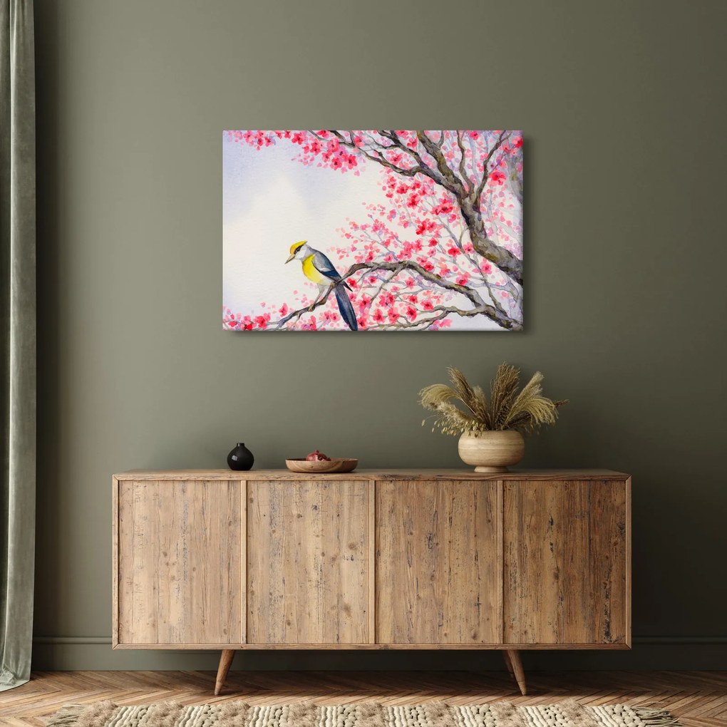 Obraz - Vtáčik na strome s červenými kvetmi (90x60 cm)
