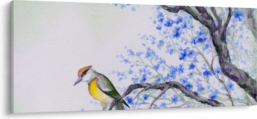 Obraz - Vtáčik na strome s modrými kvetmi (120x50 cm)
