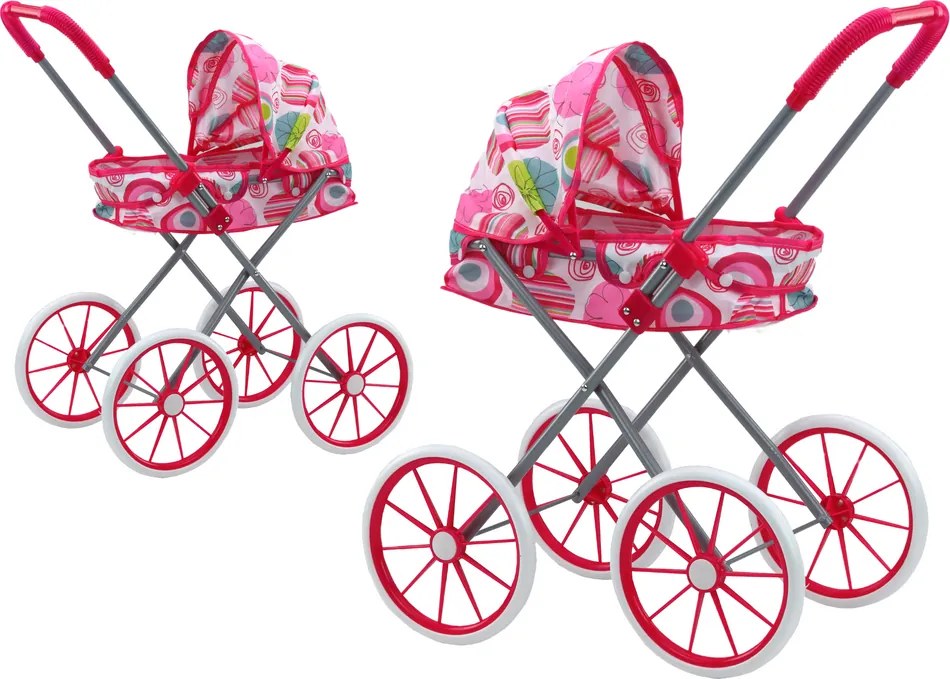 LEAN Toys Kočík pre bábiky Veľké kolesá Skladacie ružové vzory