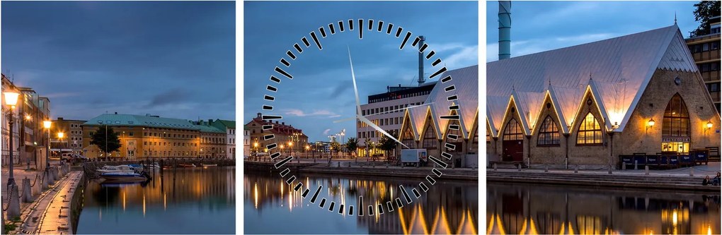 Obraz vodného kanála - Göteborg (s hodinami) (90x30 cm)