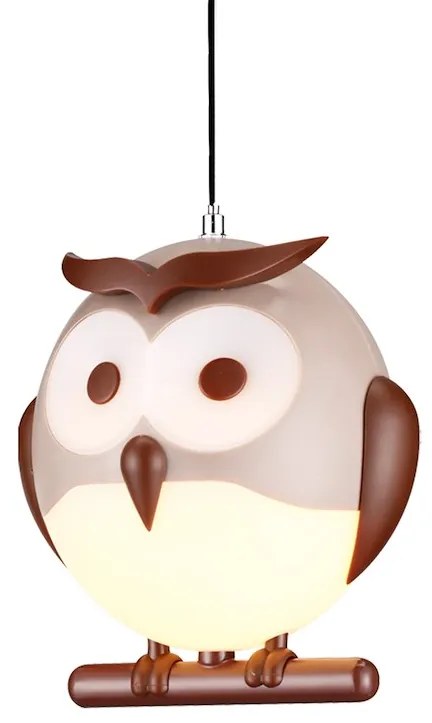 Detské závesné svietidlo Owl, 1x hnedé plastové tienidlo, br