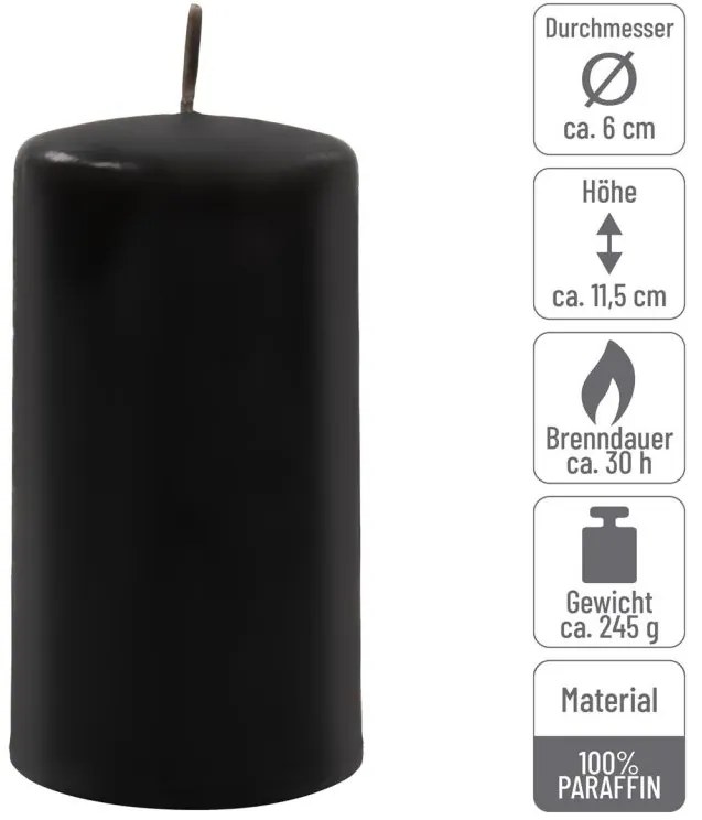 Sada stĺpových sviečok, 11,5 cm, Ø 6 cm, čierna, 12 ks