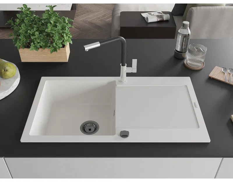 Mexen Leo, 1-komorový granitový drez 900x500x190 mm a drezová batéria Flora, biela, 6501-20-670401-07-B