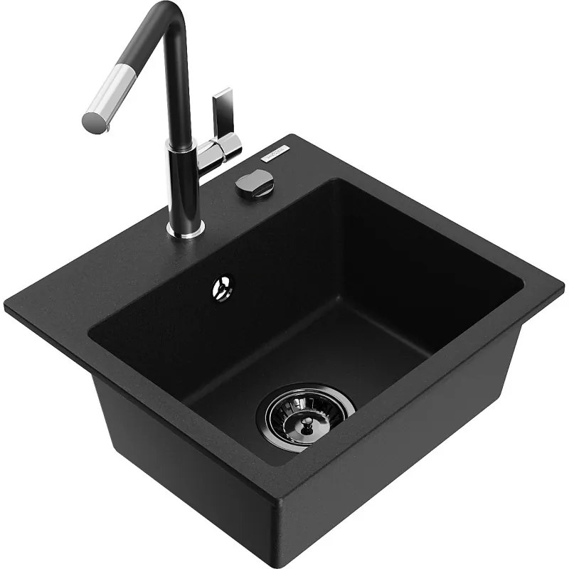 Mexen Milo, 1-komorový granitový drez 435x410x171 mm a drezová batéria Flora, čierna, 6505-77-670401-07-B
