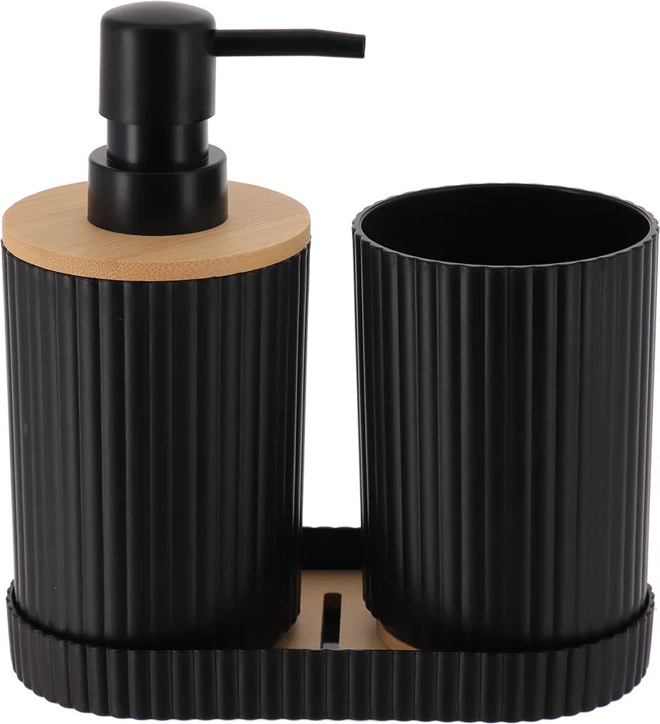 Sada kúpeľňových doplnkov Orin, čierna/s drevenými prvkami