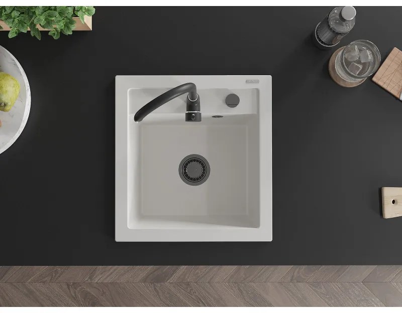 Mexen Vito, 1-komorový granitový drez 520x490x210 mm, čierna batéria Telma, biela, 6503-20-670200-70
