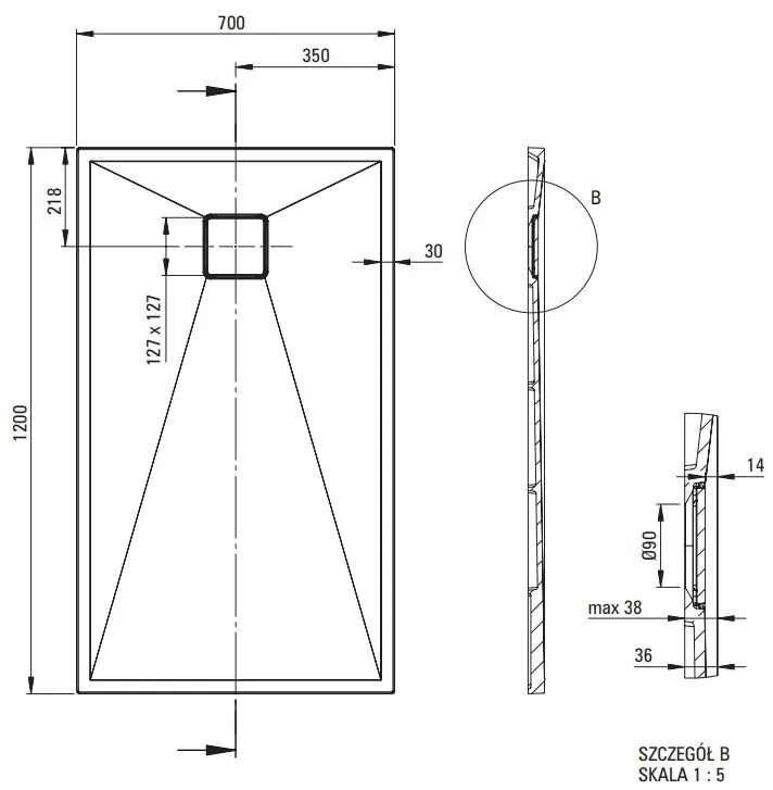 Deante Correo, obdĺžniková granitová sprchová vanička 120x70x3,5 cm, antracitová metalíza, DEA-KQR_T73B