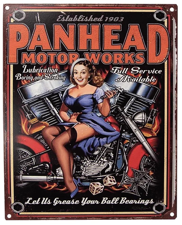 Farebná antik nástenná kovová ceduľa Panhead Motor Works- 20*1*25 cm