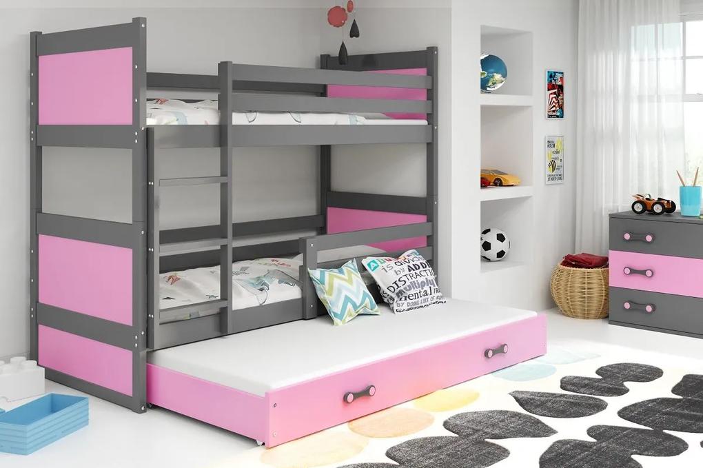 Detská poschodová posteľ s prístelkou RICO 3 | sivá 80 x 190 cm Farba: Ružová
