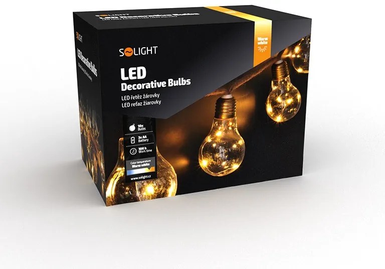 SOLIGHT LED dekoratívne žiarovky na prírodnom povraze, 10x žiarovka, 30LED, 180cm, časovač 3x AA
