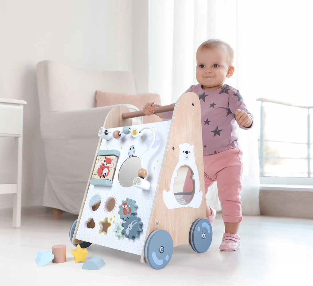 MULTISTORE Drevené chodítko ECOTOYS pre deti 18+ mes. – edukačné s kockami a pohyblivými prvkami