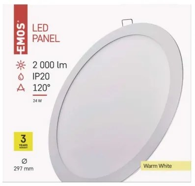 EMOS LED vstavaný stropný panel, 24W, teplá biela, 29,7cm, guľatý