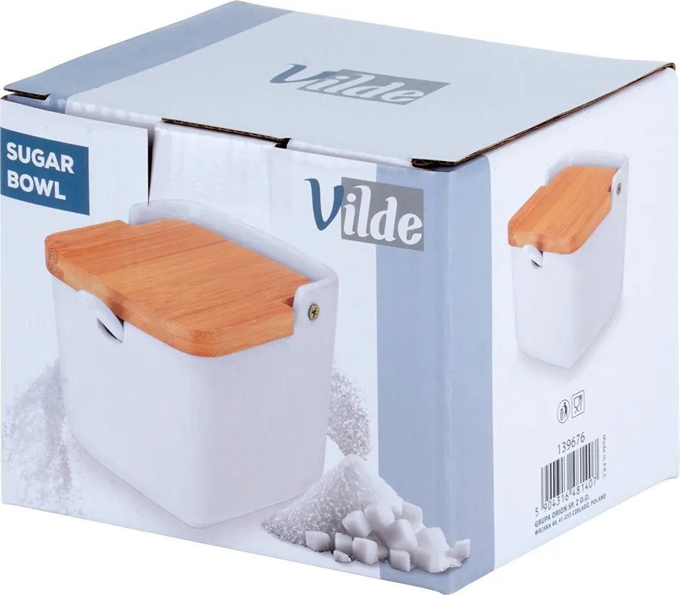 VILDE 2. akosť - Hranatá keramická cukornička /soľnička s bambusovým viečkom a lyžičkou, 250ml VILDE, biela