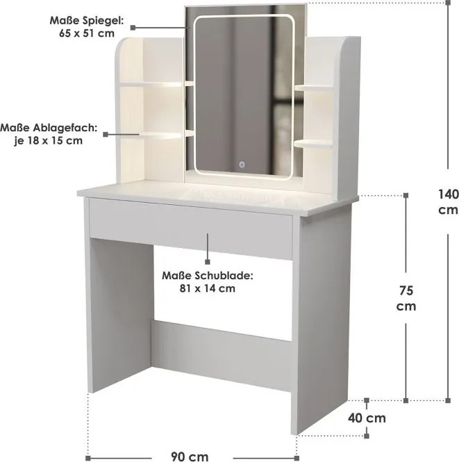 Biely toaletný stolík Zoey s LED zrkadlom a úložnými policam
