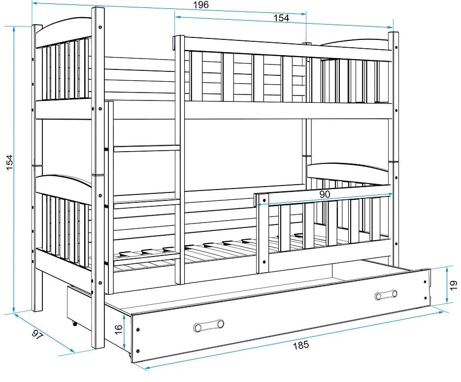 Poschodová posteľ KUBO 190x90 | borovica - grafitová