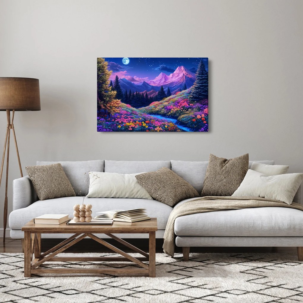 Obraz - Fialová krajina pri úplnku (90x60 cm)
