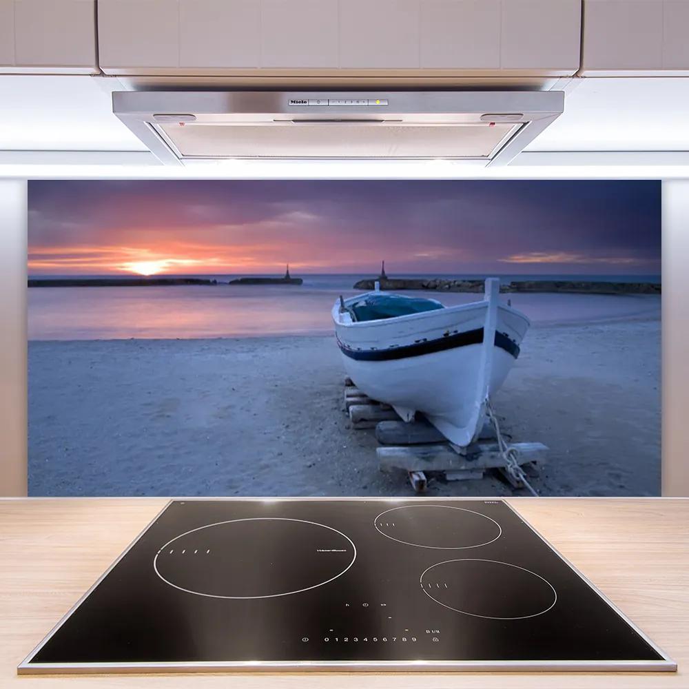 Sklenený obklad Do kuchyne Loďka pláž slnko krajina 120x60 cm