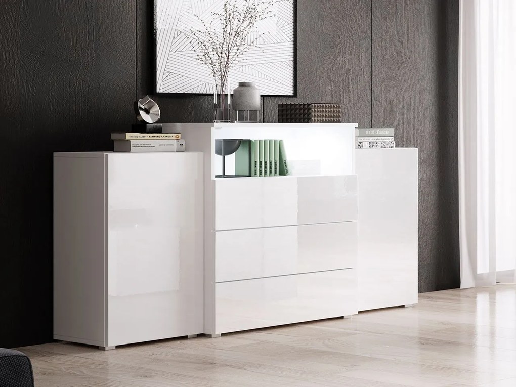 KOMODA LILLY, BIELA/BIELÝ LESK S LED OSVETLENÍM